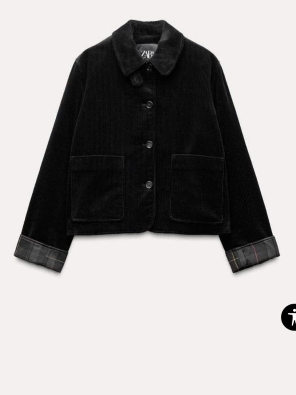 Zara Black Corduroy Jacket with Plaid Cuff Detail